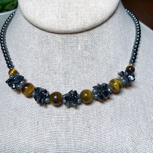 Natural Dark Gray Hematite and Tiger Eye Beaded Necklace.  17”